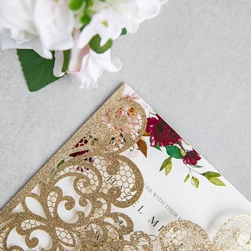 20Pcs Gold Glitter Laser Cut Wedding Invitation Cards With Envelopes - Image 6