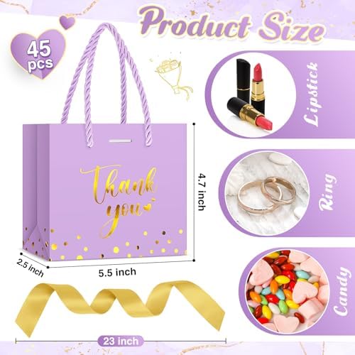 Jetec 45 Pcs Mini Thank You Gift Bag with Handle, Light Purple/gold - Image 2