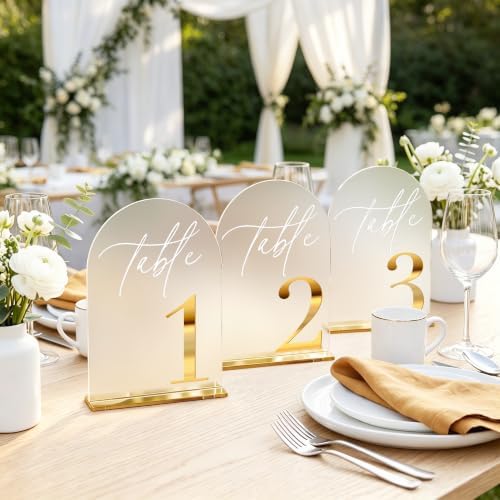 Frosted Table Numbers, Wedding Table Numbers Gold 1-25 with Stands, Gold 3D Acrylic Arch Signs with Holder, 5" x 7" Elegant Table Decor for Wedding Reception, Party, Anniversary, Events - Image 6