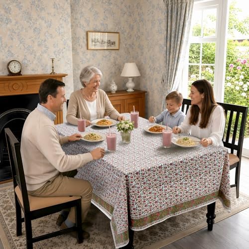 Ridhi Block Print Rose Pink Floral Vine Rectangle Cotton Tablecloth 108" x 60" Reusable Table Cover Decorative Everyday Use for Dining, Farmhouse, Home Gift for Spring, Easter, Valentine - Image 3