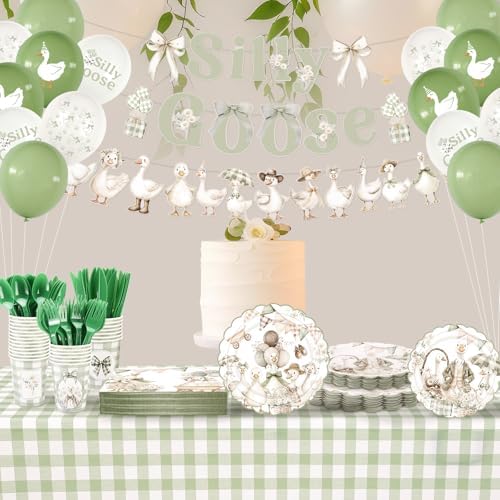 VioraWhite 183 Pcs Silly Goose Birthday Party Set Elegant Sage Green - Image 5