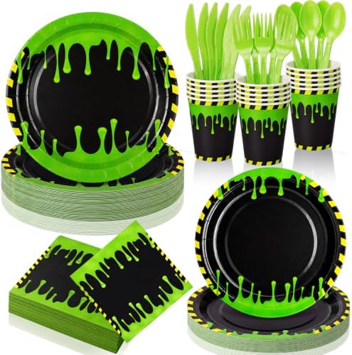 Honeydak 210 Pcs Halloween Ghost Party Supplies for 30 Guests Green and Black Birthday Plates Napkins Cup and Forks Tableware for Halloween Ceremonies Birthday Holiday Party Decorations by Honeydak