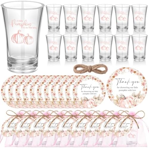 Funnymoom 50 Sets a Little Pumpkin Is on the Way Acrylic Clear Shot Glasses Pink Pumpkin Baby Shower Favors for Guests Souvenir Thank You Tags with Organza Bags for Thanksgiving Party Decorations by Funnymoom