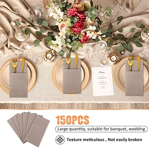 Cindeer 150 Pcs Wood Color Linen Dinner Napkins with Built in Flatware - Image 5