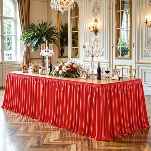 17ft Length Red Satin Table Skirt for Rectangle Tables, Wrinkle Resistant Pleated Ruffle Table Cloth Glitter Desk Skirting for Weddings Banquet Birthday Party Bridal Shower Decorations - Image 5