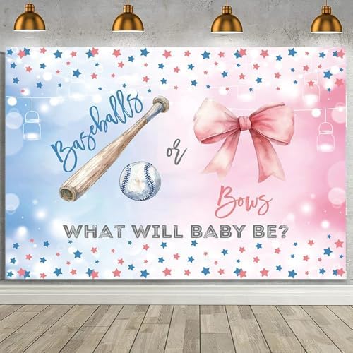 MEHOFOND 10x7ft Baseballs or Bows Gender Reveal Backdrop Boy or Girl What Will Baby Be Decorations Banner Pink and Blue Stars Gender Reveal Baby Shower Photography Background Cake Table Supplies by MEHOFOND