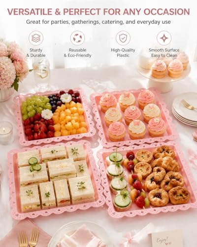 Plastic Serving Tray, 24 Pack Catering Trays Square Serving Platters Fast Food Trays, Reusable Plastic Tray For Party Anniversary Wedding Christmas Baby Shower (Pink) - Image 3