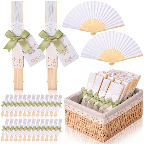 Beeveer 50 Sets Folding Wedding Fan Favor for Guest with Basket, Ready to Use Bulk White Folding Hand Paper Fan with Bow Ribbon Thank You Tag, Bridal Shower Wedding Party Favor Gift (Green,Daisy) by Beeveer