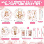 450 Pcs Tableware Set, Serve 50, Pink, Bear Baby Shower - Image 2