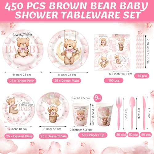 450 Pcs Tableware Set, Serve 50, Pink, Bear Baby Shower - Image 2