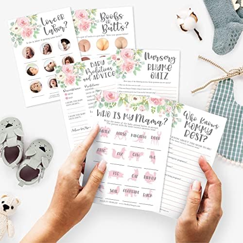 Hadley Designs 50 Floral Who Knows Mommy Best, Baby Prediction and Advice Cards etc., 25 Love or Labor, Boobs Or Baby Butts Gender Reveal-6 Double Sided Cards Baby Shower Funny Games - Image 2