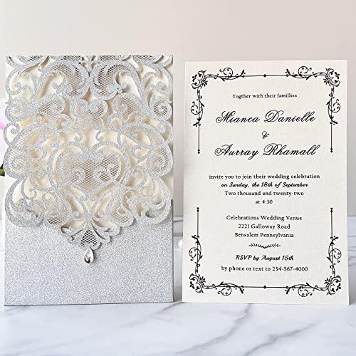 Hosmsua 5.12 x 7.3 Inch 50pcs Silver Laser Cut Lace Flora Wedding Invitation Cards with Rhinestone and Envelopes Customized Printed Invitations for Bridal Shower Quinceañera Wedding Invite - Image 3