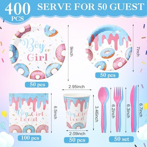 Pickmesh 400 Pcs Donut Themed Gender Reveal Party Supplies Plates Serve 50 - Image 2