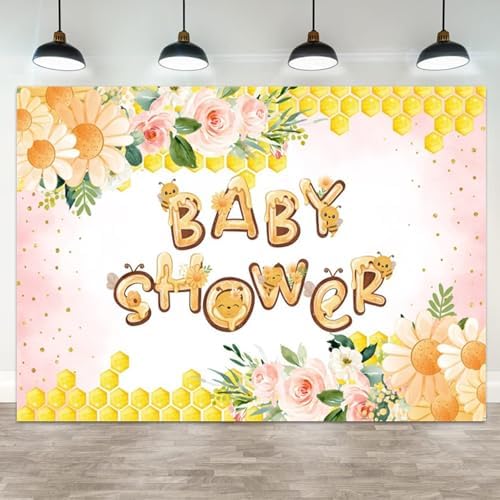 9x6ft Baby Shower Backdrop Bee Flower Honeycomb Floral Pink Yellow Background for Girl Baby Shower Party Decoration Cute Bee Themed Photo Booth Banner by ASDCXZ