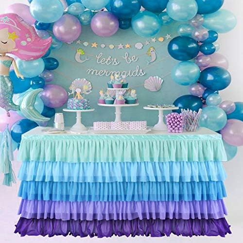 Mermaid Tulle Table Skirt for Rectangle or Round Table Tutu Chiffon Tablecloth for Birthday, Baby Shower, Wedding, Party Decoration (Mermaid, L 9ft, H 30in) by Jeloris