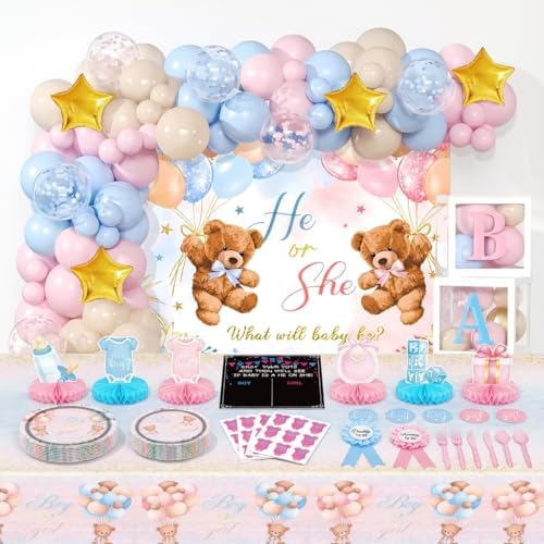Bear Gender Reveal Decorations - 108pcs Pink Blue Balloon Garland Kit,2 Daddy and Mommy To Be Tinplate Badge Pin,stickers,plates and napkins,4pcs Baby Box With Letters,Boy or Girl Party Supplies - Image 6