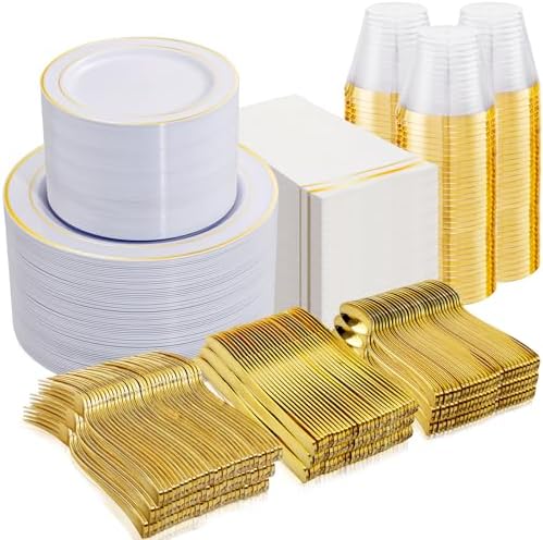 NOCCUR 700PCS Gold Plastic Plates - Gold Disposable Dinnerware Set for 100 - Include 200 Dinner/Dessert Plates, 300 Cutlery, 100 Cups, 100 Napkins, Idea for Wedding/Party/New Year by NOCCUR