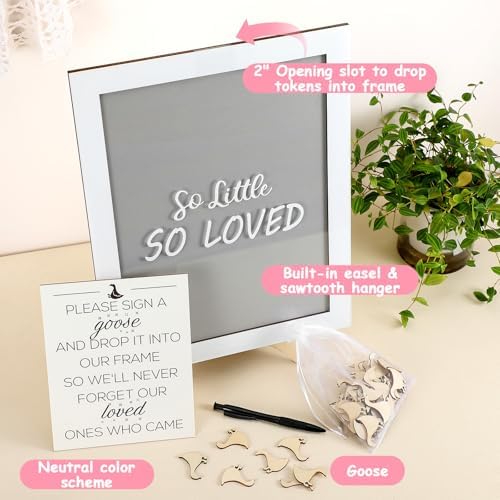 Chunful So Little So Loved Wooden Goose Token Frame, 1 Goose Baby Shower Frame Guestbook, Gender-Neutral Pregnancy Keepsake with 65 Signature Tokens and Pen, Gray and White - Image 3