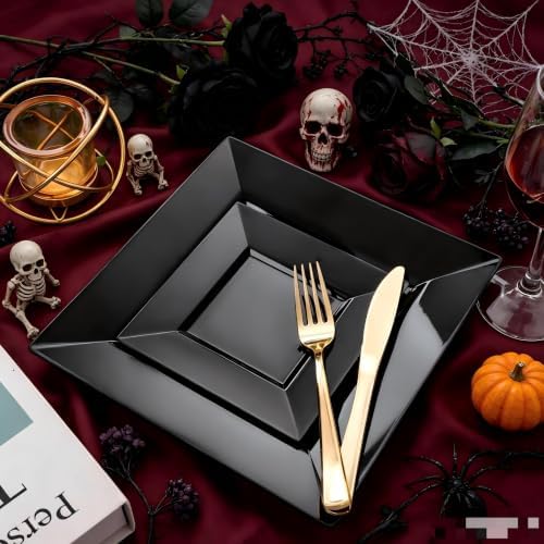 Liacere100PCS Black Plastic Plates-Premium Black Square Disposable Plates-Include 50PCS 9.5inch Dinner Plates - 50PCS 6inch Dessert Plates for Party & Wedding - Image 6