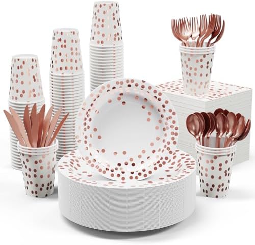 JOLLY PARTY White & Rose Gold Paper Plates 350PCS Disposable Dinnerware Set by JOLLYPARTY