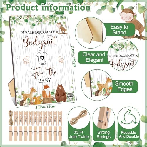 Panitay 126 Pcs Baby Shower DIY Bodysuit Set Bib 25 Blank White Newborn Bodysuit 25 Stencils 24 Marker 1 Sign 50 Pins(Woodland Animals) - Image 3