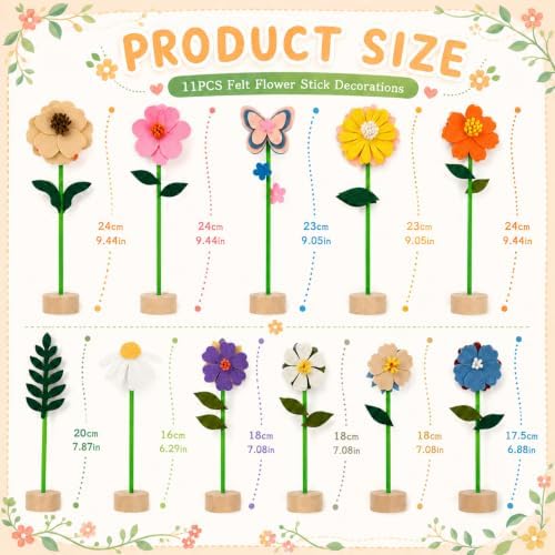11 PCS Double‑Sided Wildflower Decorations with Wooden Base felt flowers - Image 2
