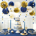 NICROLANDEE Navy Blue and Gold Decorations, 27 PCS Hanging Paper Lanterns Tissue Pom Poms Garlands Decor for Graduation Party, Mens Birthday, Memorial Day Decorations, New Years Party Supplies by nicrolandee