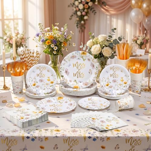 LemonRoad 452 Pcs Miss to Mrs Floral Bridal Shower Decorations for 50, Wildflower Bridal Shower Paper Plates Napkins Cups Tablecloth Cutlery Straws for Wedding Bachelorette Engagement Party Supplies - Image 6