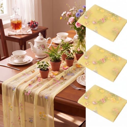 Lounsweer 3 Pcs Yellow Wildflower Table Runner 10ft Embroidery Tulle by Lounsweer