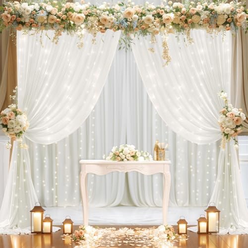 20x10ft Cream White Chiffon Backdrop Curtain with Lights String for Wedding Sheer Tulle Curtain Photo Backdrops Drapes for Baby Shower Birthday Party Ceremony Decorations - Image 4