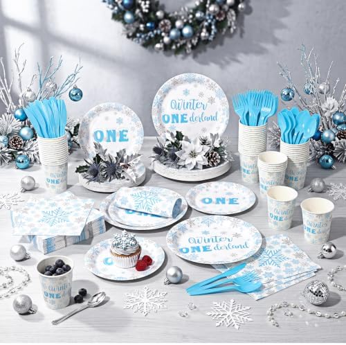 Pickmesh 400 Pcs Blue Winter Onederland Birthday Plates Cups and Napkins - Image 6