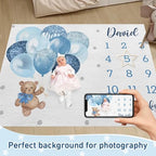 Personalized Baby Monthly Milestone Blanket Boy or Girl - Balloon Bear Months Blanket with Wood Frame and Newborn Wooden Sign - Growth Chart Milestone Blanket 1-12 Month Milestones - Image 2