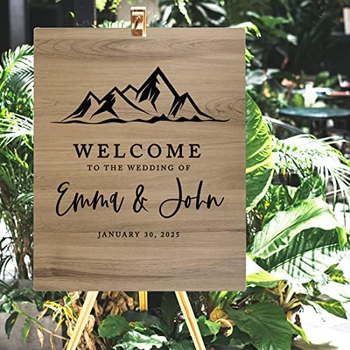 Andaz Press Large Wooden Welcome Sign for Wedding, Rustic Welcome Sign 16" x 20" Custom Names Minimal Mountains Wedding Signage English Oak MDF Wood Finish Wedding Reception Indoor Outdoor Signs - Image 4