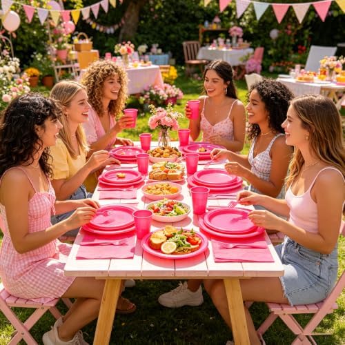 250Pcs Hot Pink Plastic Party Plates and Napkins Set for Birthday, Wedding - Image 6