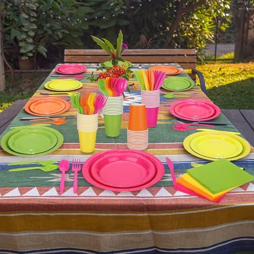 durony 350 Pieces Neon Party Supplies Paper Plates Serve 50 Guests 7 Inch 9 Inch Dinner Plates Napkins Paper Cups Cutlery Bright Color Disposable Glow Party Tableware for Fiesta Neon Birthday - Image 5