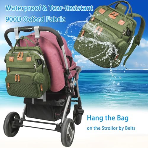 Jeryswet Baby Diaper Bags with Changing Station, Waterproof Large Capacity Diaper Bag Backpack for Moms Dads with USB Charging Port and Stroller Straps, Baby Shower Gifts, Green - Image 4
