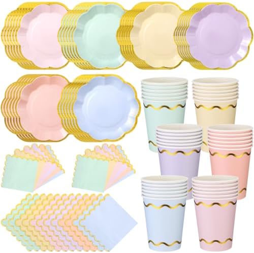 Yungyan 216 Pcs 72 Guest Pastel Paper Plates and Napkins Sets Pastel Party Supplies Gold Foil Scalloped 6" Plates 9 oz Cups Disposable Tableware Set for Birthday Wedding Baby Shower Supplies by Yungyan