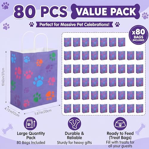 Tenceur 80 Pcs Dog Gift Bags Goodie Paw Puppy Paper Treat Bags Bulk with Handles 10.63 x 4.72 x 7.87 Inch Dog Themed Party Favors Shopping Holiday Kraft (Purple Colorful) - Image 4