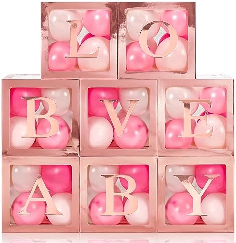 Geyee 8 Pcs Clear Balloon Box with Letters, Baby Shower, Rose Gold by Geyee