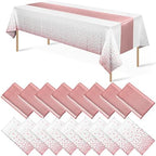 Disposable Plastic Tablecloth (White and Rose Gold Dot) And Satin Table Runner (Rose Gold) Set for Wedding Birthday Baby Shower Anniversary Christmas New Year Party, 16 Pack by MASHAN