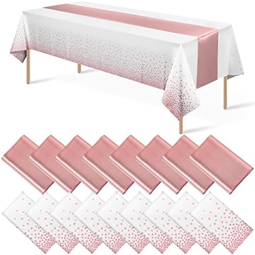 Disposable Plastic Tablecloth (White and Rose Gold Dot) And Satin Table Runner (Rose Gold) Set for Wedding Birthday Baby Shower Anniversary Christmas New Year Party, 16 Pack by MASHAN