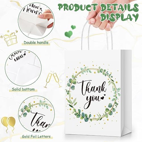 PerKoop 60 Pack Thank You Paper Gift Bags, Eucalyptus Leaf, White, Green - Image 5