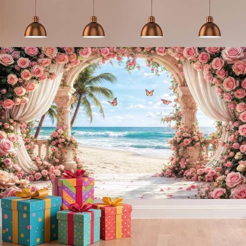 10X8FT Rose Backdrop Party Bridal Shower Photoshoot Valentine's Day Mother's Day Wedding Anniversary Baby Shower Summer Hawaiian Beach Ocean Photography Backdrop Palm Trees Photo Banner Supplies - Image 4