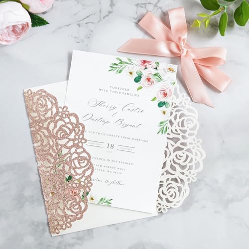 ponatia 25PCS 5.12 x 7.1'' Rose Gold Glitter Wedding Invitations Cards Laser Cut Hollow Rose With Envelopes, Printable Paper with Ribbons for Wedding Bridal Shower Engagement Sweet 16 Birthday - Image 4