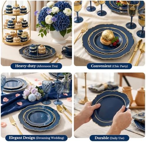 realluck 200Pcs Blue and Gold Plastic Plates Navy Blue Plates Reusable - Image 5