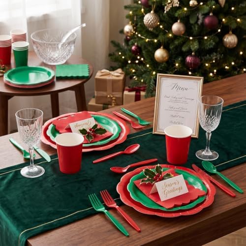 Red & Green 350-Piece Decagonal Paper Plates Party Set, Serves 50 - Image 3