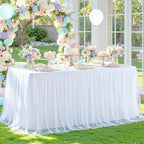4 Pack White Table Cloth for 8 Foot Rectangle Tables, White Stretch Fitted Tulle Table Covers Skirt, Rectangular Ruffle Tutu Tablecloth Wedding Banquet Baby Shower Cake Tablecloths Decorations - Image 4