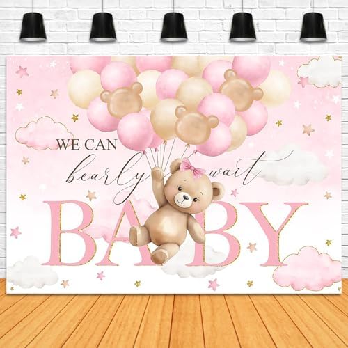Bear Baby Shower Backdrop We Can Bearly Wait Party Decorations Background for Girl Bear Theme Baby Shower Banner Photo Booth Prop (Pink, 10x7ft) - Image 3