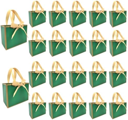 TKSBAG 50 PCS Small Green Gold Gift Bags with Bow Ribbon - 6.4x3.1x5.1 Inch Thank You Bags with Handles, Bulk for Baby Shower, Bridal Shower, Wedding, Party Favors, Mother's Day by TKSBAG