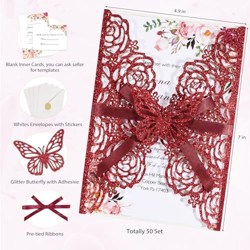 Burgundy Wedding Invitation Laser Cut Invitation Sleeve Personalized Cards - Image 2